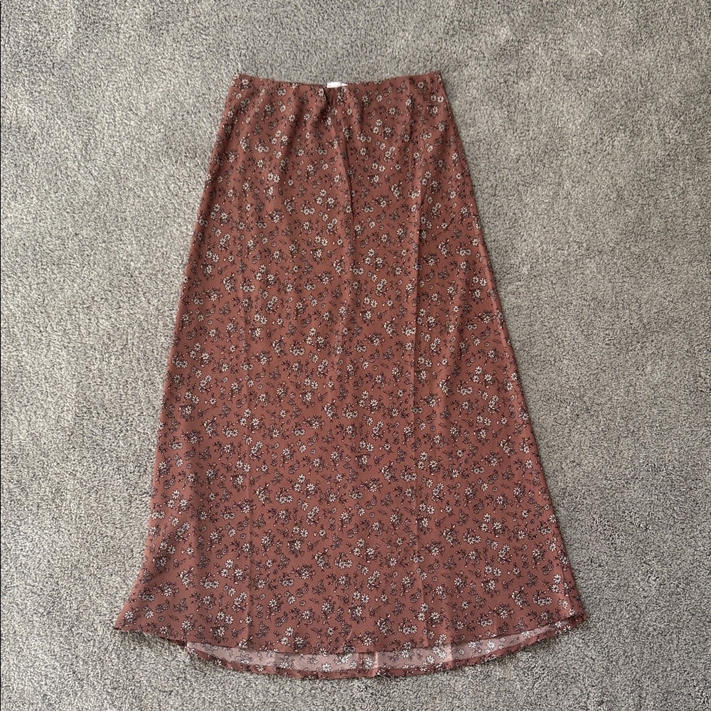 Pink Lily Floral Brown Maxi Skirt